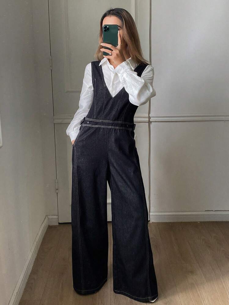 Women's V-Neck Cinched Waist Sleeveless Long Casual Denim Jumpsuit And Bib Pants