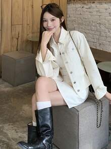 DAZY Women's Casual Solid Color Pocket Jacket And Denim Skirt 2-Piece Set, Spring/Autumn - Beige - View 8