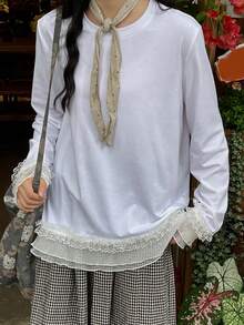 FRIFUL 女士纯色圆领长袖T恤，荷叶边下摆和袖口装饰，宽松休闲百搭，秋冬款 - 白色 - 查看 5