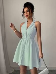 Elenzga Đầm ngắn nữ kẻ sọc cổ yếm cài một hàng cúc, kiểu dáng thời trang, thanh lịch, thích hợp cho hẹn hò và dự tiệc. - màu xanh lá - Xem 6