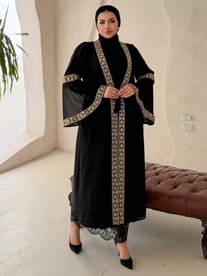 Dazy Plus 2 st Plusstorlek Dam Enfärgad Lång Slipklänning, Chiffong Utsvängda Ärmar Patchwork Maxi Morgonrock