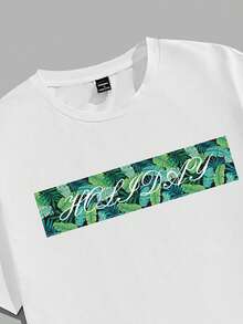 VIVINTIMO Men's Slim Fit White Knit Top And Green Woven Shorts Set Tropical Plant & Letter Print T-Shirt Set, Vacation Style - Multicolor - View 3