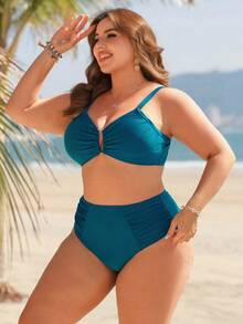 Swim Lushoire Plus Size Women's Simple Solid Color Ruched Bikini Set, Sexy Beach Vacation Style - Green - View 4