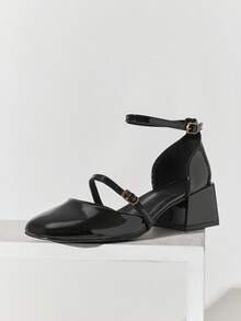 SHUZIA Women's Elegant Square Toe Block Heel Ankle Strap Pumps - Black - View 5