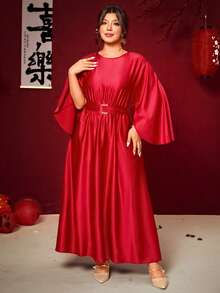 Cravure Plus Size Women's Bright Red Batwing Sleeve Tie Neck Date Dress - Red - View 4