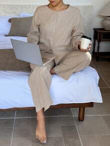 Dazy Plus 两件套休闲条纹宽松长袖上衣和长裤睡衣套装，粉色，春夏款 - 卡其色 - 查看 4