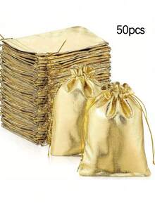 50/100Pcs Gold Gift Bags Jewelry Pouches Gold Goodie Bags With Drawstring Metallic Gold Jewelry Pouches Gold Candy Gift Bags For Wedding Birthday Treat Candy Bags - Multicolor - View 6