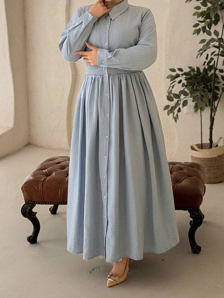 Dazy Plus Plus Size Women's Solid Color Lapel Blue Shirt Dress, Waist Cinched, Slimming, Long, Suitable For Commuting, Spring & Autumn Sundress