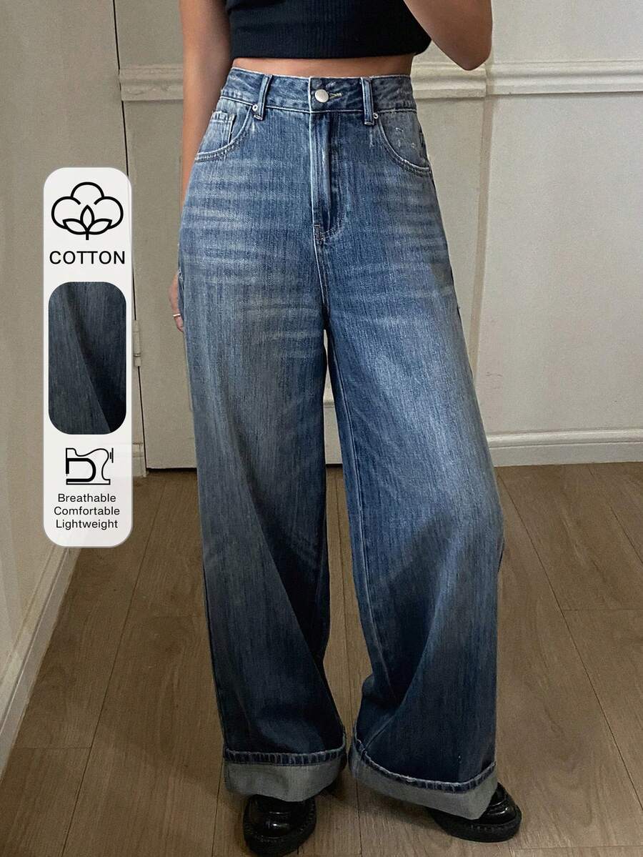 DAZY 女士复古宽松直筒牛仔裤，带口袋，休闲街头风牛仔裤，适合秋冬季Y2K风格