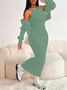 Rafferiza 两件套女士休闲连帽拉链外套，收腰设计，弹性针织露背连衣裙，保暖内衬，适合秋冬季节穿着。 - 綠色 - 查看 3