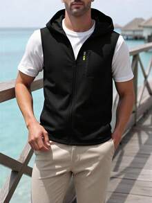 Manfinity Homme Men's Solid Color Zip-Up Sleeveless Casual Everyday Versatile Vest - Black - View 3