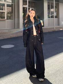 DAZY 女士休闲水洗牛仔衬衫和牛仔裤套装