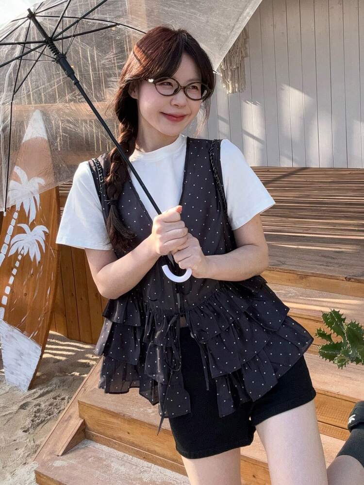 Women's V-Neck Polka Dot Ruffle Trim Elegant Blouse