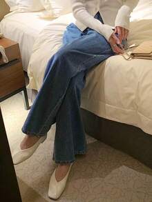 Dazy Tall 高个女款宽松直筒长款休闲牛仔裤，带褶裥细节 - 中等水洗藍 - 查看 3