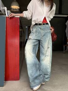 DAZY Quần jeans nữ cạp thường, in họa tiết trang trí, dáng suông, rộng rãi, phong cách Y2K - Rửa trung bình - Xem 3