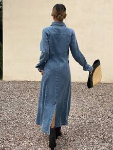 Livesso Spring & Summer Loose Business Casual Fashion Office Wear Design Waist Cinched Denim Midi Dress With Large Pockets, Outdoor Street Style Long Top, Women Denim Jacket And Coat - Medium Wash - View 3