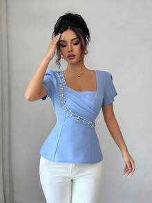 SHEIN Elenzya 不对称褶皱腰身珍珠装饰优雅浪漫女式衬衫 - 淺藍色 - 查看 5