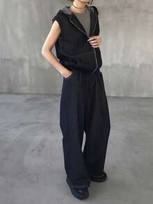 FRIFUL Women's Casual Fashion Street Style Sleeveless Zip-Up Hooded Jacket And Denim Jeans Set, Suitable For Spring, Summer, Autumn - Blue - View 4