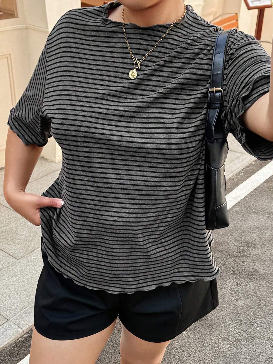 Dazy Plus 超大款黑白条纹短袖夏季T恤 - 深灰色 - 查看 1