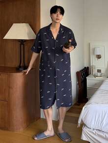 DAZY Men's Long Floral Print Robe, Spring/Summer - Blue - View 7