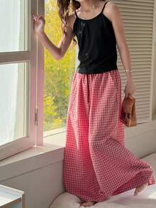 DAZY Tween Girl Solid Color Camisole And Plaid Wide Leg Pants Pajama Set Summer - Black - View 2