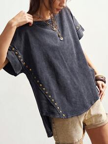 Bohemela 大码女式圆领铆钉装饰休闲百搭日常短袖T恤 - 黑色 - 查看 6