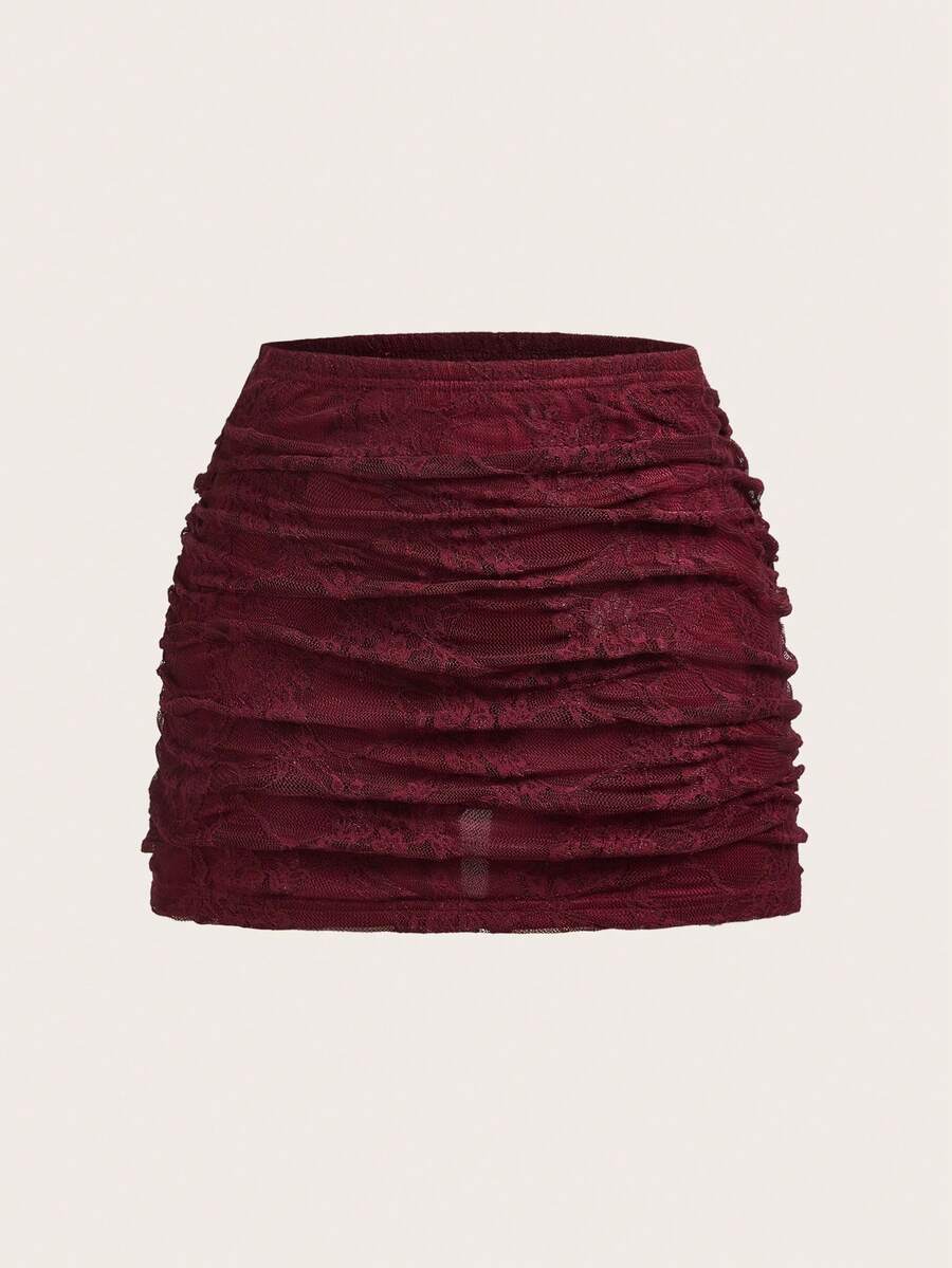 SHEIN EZwear 女士性感多层酒红色花卉蕾丝修身半身裙，春夏款 - 酒紅色 - 查看 1