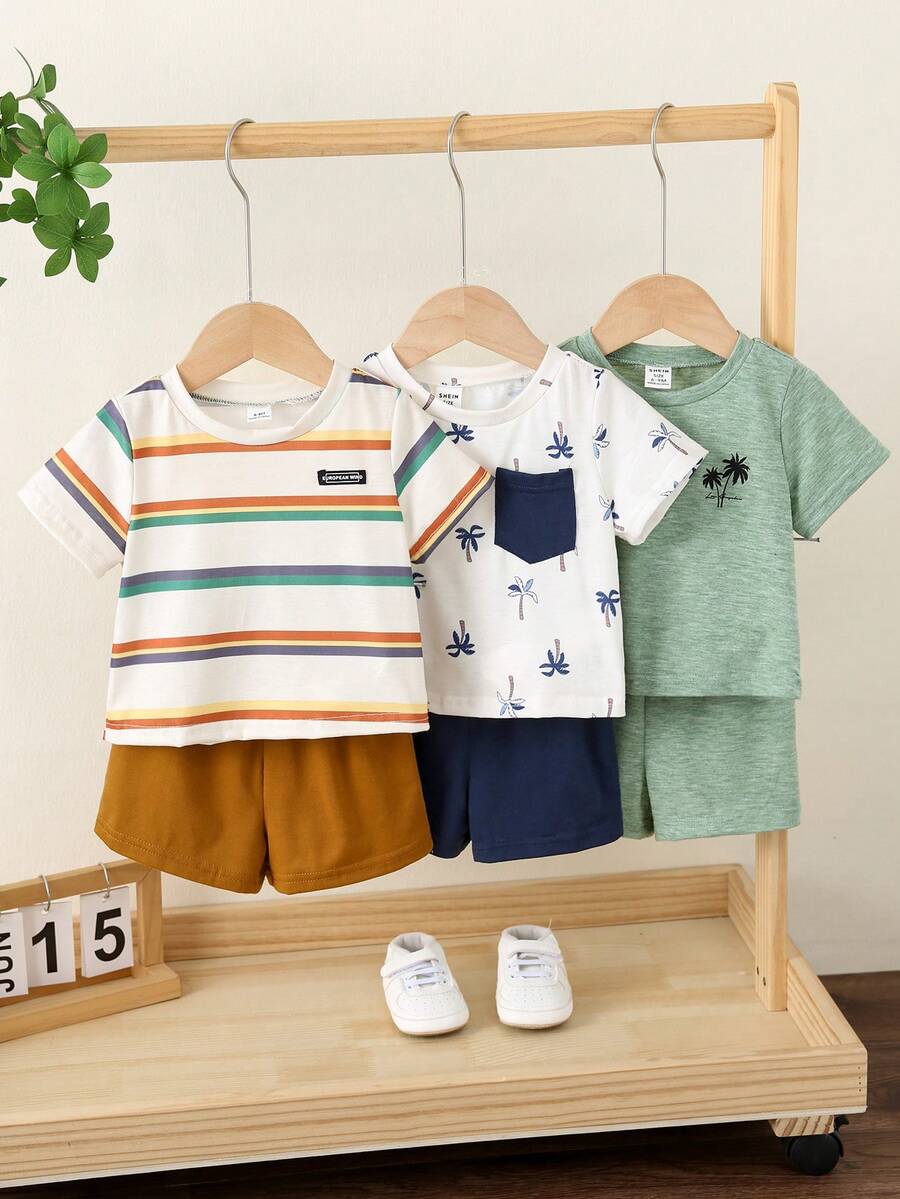 SHEIN 6件套男婴夏季休闲度假热带植物条纹上衣T恤搭配同款短裤基础套装，适合夏季外出穿着 - 彩色 - 查看 1
