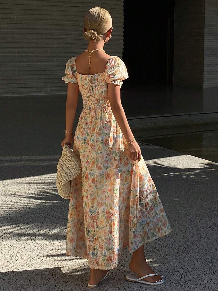 Ditsy Floral Midi Dress With Puff Sleeves, Vintage French Style Floral Dress For Vacation Sundress Boho