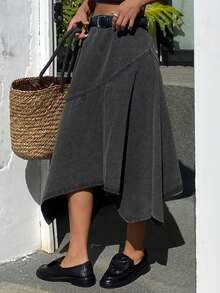 Livesso 宽松休闲度假复古水洗时尚不对称下摆拼接轻薄户外女式牛仔迷你裙，春夏款 - 深灰色 - 查看 7