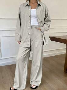 Livesso 女士休闲商务套装，宽松长袖衬衫配大口袋，直筒休闲裤或牛仔裤，两件套，适合秋冬季节穿着。