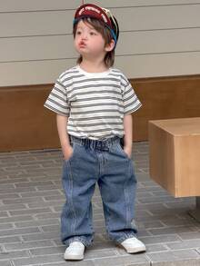 DAZY Pantalones vaqueros casuales de pierna ancha y suelta estilo coreano para niños pequeños - Azul - Ver 5