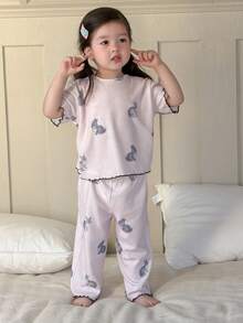 DAZY 2pcs Baby Girls' Cartoon Animal Print Long Sleeve Top And Pants Pajama Set - Beige - View 7