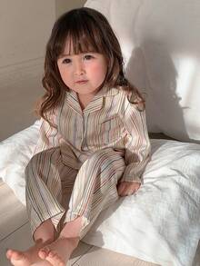 DAZY 女婴/幼儿翻领长袖条纹时尚睡衣 - 杏色 - 查看 3