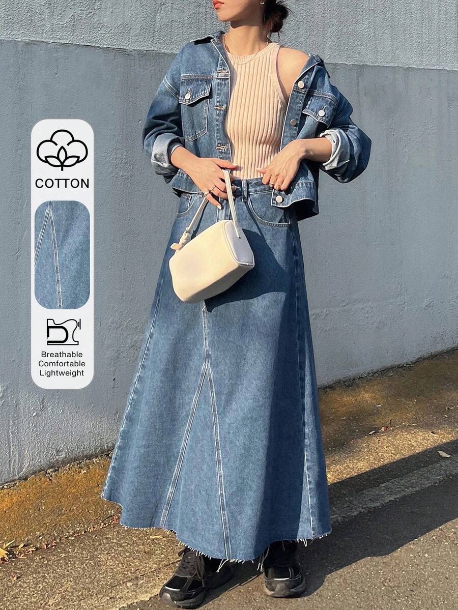 FRIFUL 女士秋季落肩长袖单排扣牛仔夹克和牛仔迷你裙休闲套装 - 藍色 - 查看 1