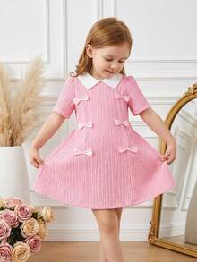 Đầm hồng đính nơ cổ cho bé gái, thích hợp mặc ngoài trời thanh lịch, giản dị, mùa xuân/hè - Hồng - Xem 1