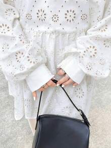 FRIFUL Women's Round Neck Burnout Embroidery Ruffle Splice Fashion Lantern Sleeve Long T-Shirt - White - View 6