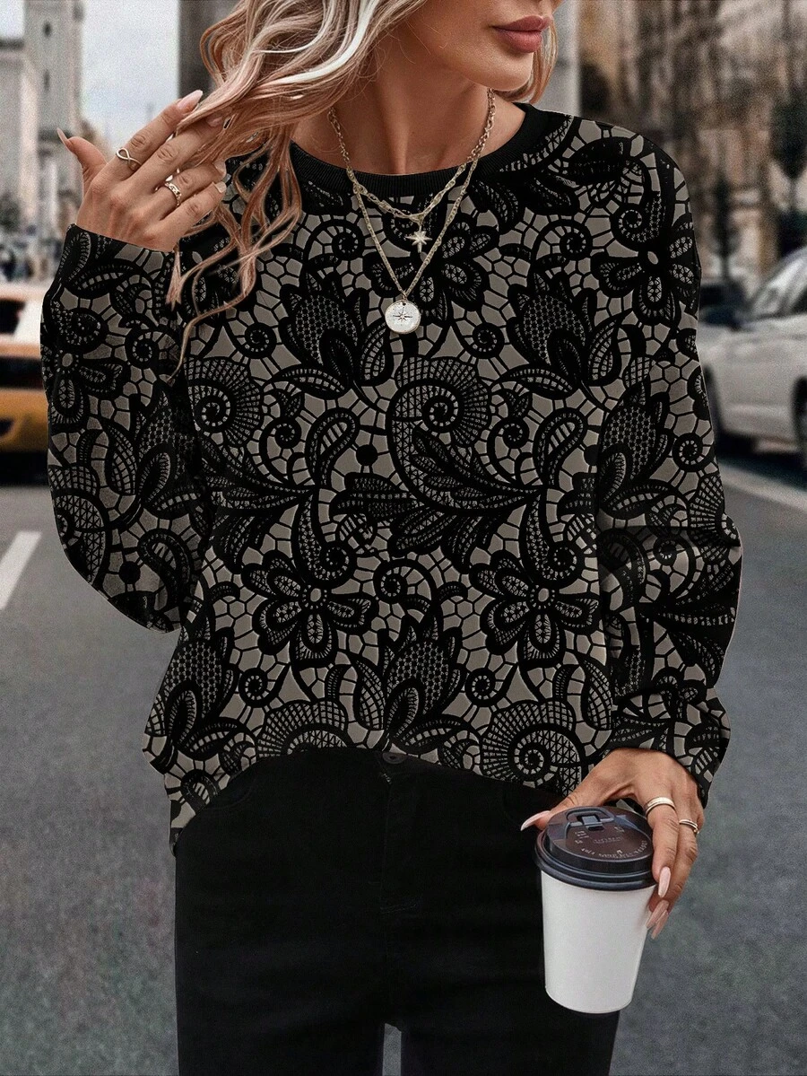 EMERY ROSE Plus Size Casual All-Over Print Crew Neck Long Sleeve Sweatshirt, Autumn - Black - View 1