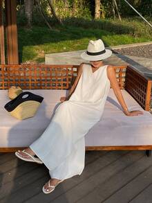 DAZY Bộ jumpsuit không tay cổ chữ V thanh lịch có túi, dáng rộng, phù hợp cho mùa xuân và mùa thu, dành cho nữ. - trắng - Xem 1