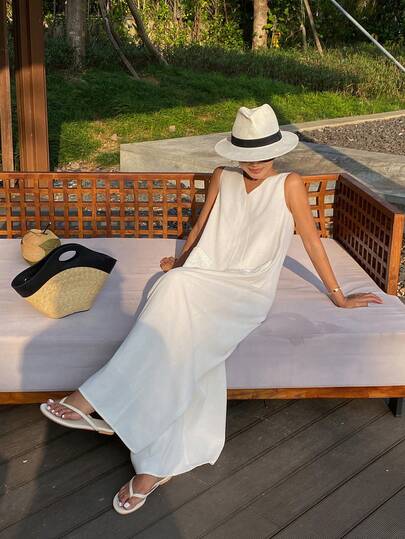 DAZY אוברול אלגנטי ללא שרוולים עם צווארון V וכיסים, גזרה רחבה, מתאים לאביב ולסתיו, נשים