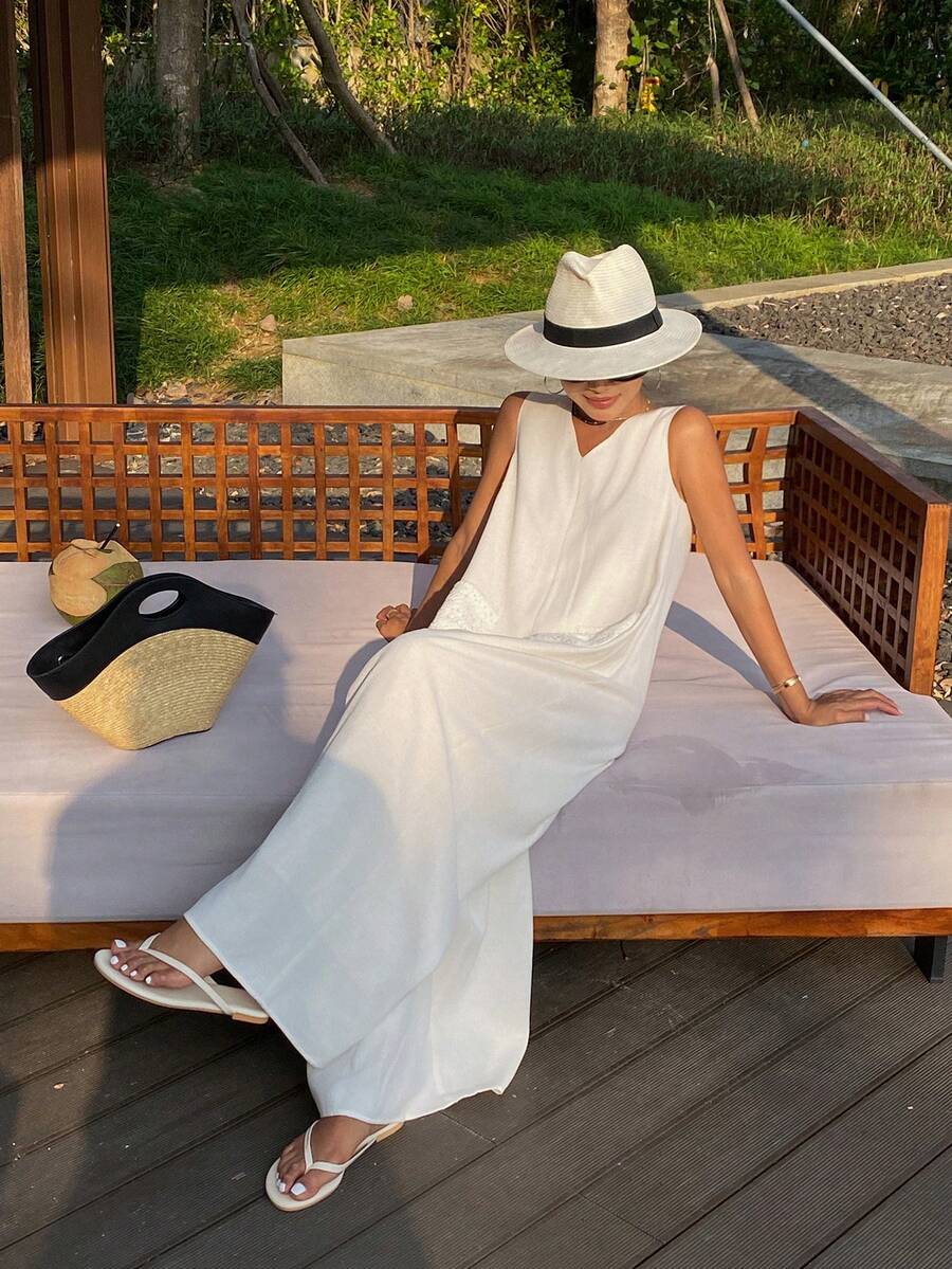 DAZY Bộ jumpsuit không tay cổ chữ V thanh lịch có túi, dáng rộng, phù hợp cho mùa xuân và mùa thu, dành cho nữ. - trắng - Xem 1