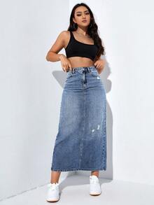 SHEIN PETITE 女士休闲时尚街头风高腰破洞牛仔迷你裙，适合日常通勤 - 藍色 - 查看 3