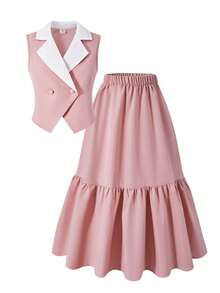SHEIN Tween Girl Pink Faux Pearl Button Jacket And Pink Skirt Set - Pink - View 5