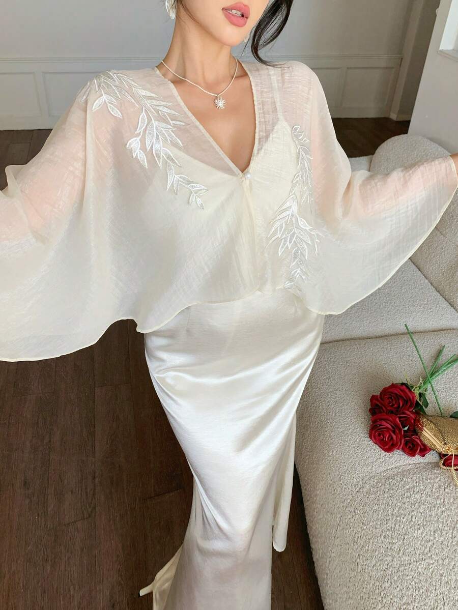 DAZY Women's Embroidered Shawl Cover Up And Satin Slip Dress Elegant 2 Pieces Set - Apricot - View 1