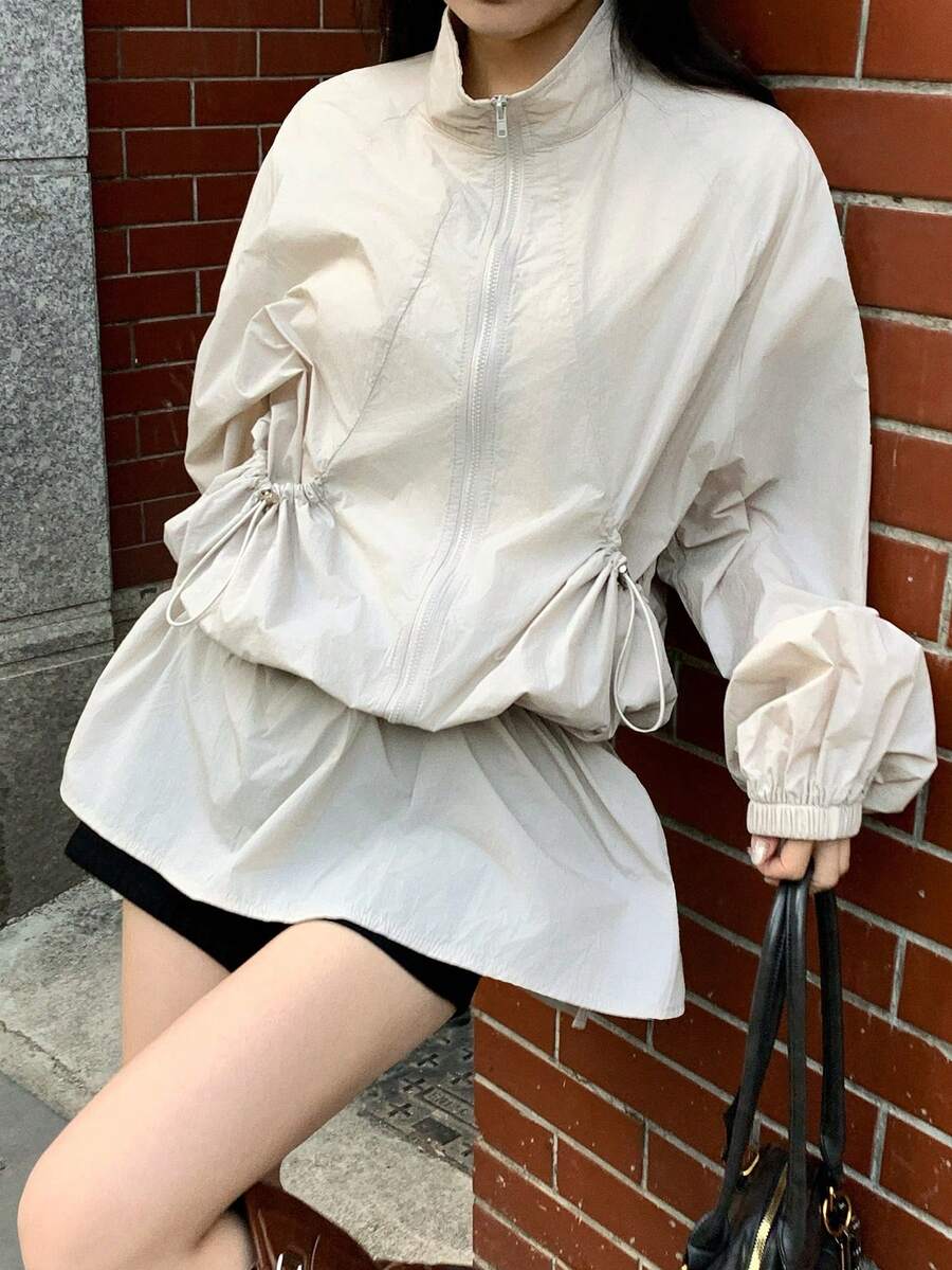 Áo khoác nữ dáng rộng thoải mái, có dây rút ở eo, viền bèo nhún và cổ đứng, áo cardigan nhẹ kiểu đường phố ngoài trời, thích hợp cho mùa xuân/hè. - Màu be - Xem 1