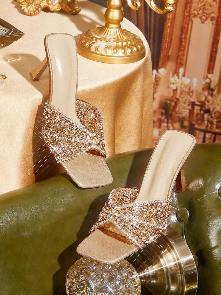 CUCCOO TILAWA Fashionable Square Toe Stiletto High Heel Champagne Color Full Rhinestone Transparent Jelly One-Piece Slip-On Sandals, Elegant Sexy Party Heels For Women Valentine's Day