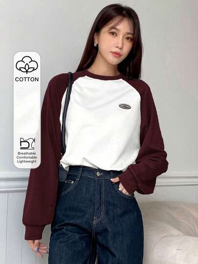 DAZY Letter Patched Colorblock Raglan Sleeve Tee Jersey,Fall Clothes Long Sleeve Women Tops