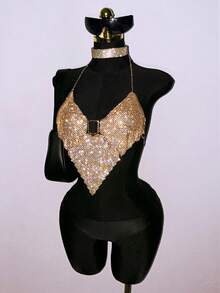 SHEIN DivaQ Women's Metal Halter Neck Top, Sexy Backless Top, Suitable For Music Festivals, Carnivals, And Parties Sparkle Top Rhinestone Top - Gold - View 5
