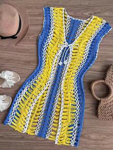 Lyxana Handmade Crochet Contrast Color Hollow Out V-Neck Tie-Up Fitted Mini Cardigan For Women - Multicolor - View 3