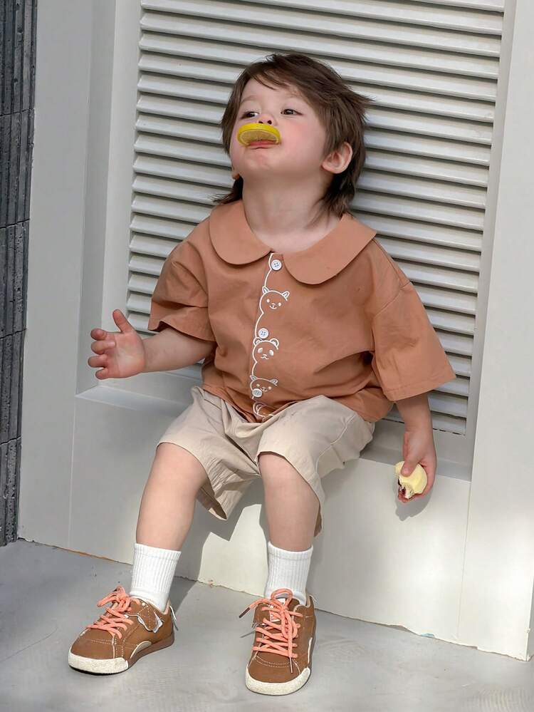 Toddler Boys' Casual Comfortable Korean Style Fresh & Cute Shirt Set, Spring/Summer